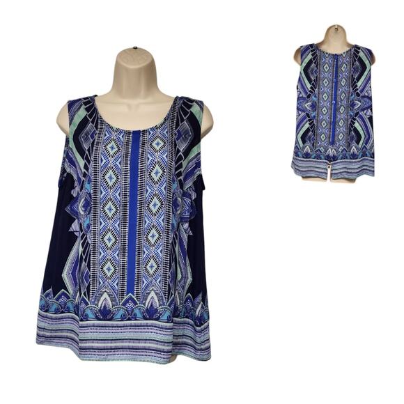Cynthia Rowley Womens Floral Blue Green Scoop Neck Sleeveless Flowry Top Size L - Picture 1 of 8